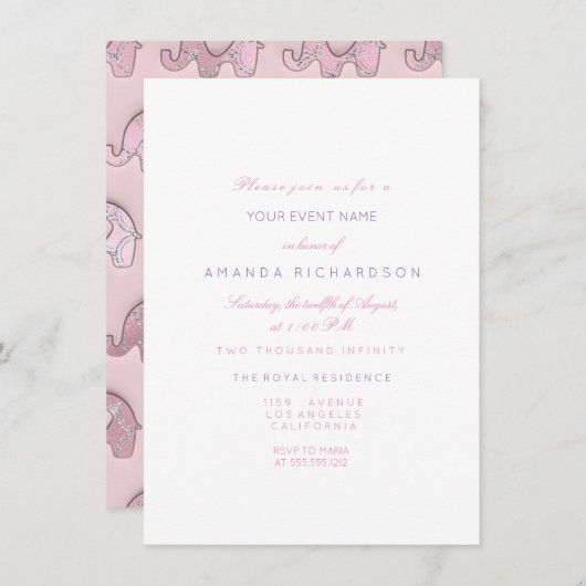 Elephanten Pink Pastel Blue Baby Dusche Silver Einladung (Vorne/Hinten)