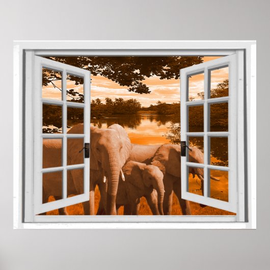 Elephanten Sunset View Trompe l'oeil Fake Window Poster (Vorne)