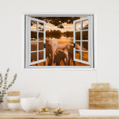 Elephanten Sunset View Trompe l'oeil Fake Window Poster (Küche)
