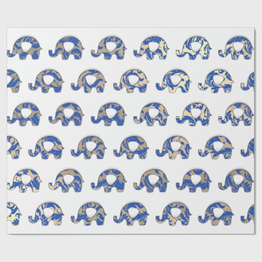 Elephanten White Oriental Cobalt Blue Gold Indigo Geschenkpapier (Flach)