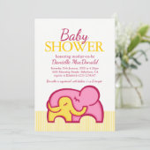 Elephantische Babydusche gelb rosa Einladung (Stehend Vorderseite)