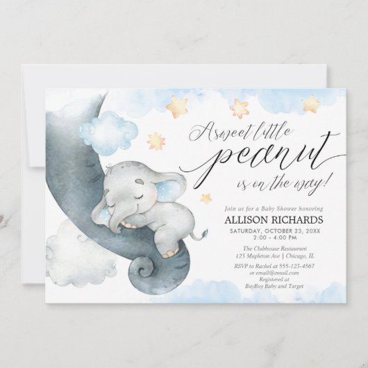 Elephantische kleine Erdnussdusche niedliche Kinde Einladung (Vorderseite)