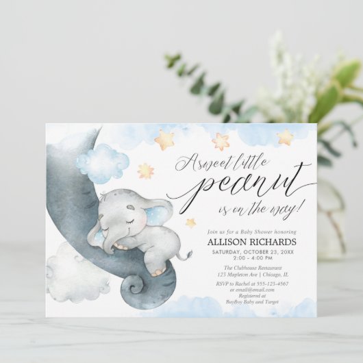 Elephantische kleine Erdnussdusche niedliche Kinde Einladung (Stehend Vorderseite)