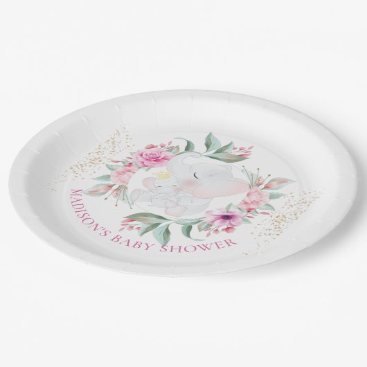Elephantische Personalisierte Mädchendusche Pappteller (Schrägansicht)