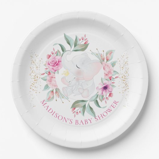 Elephantische Personalisierte Mädchendusche Pappteller (Vorderseite)