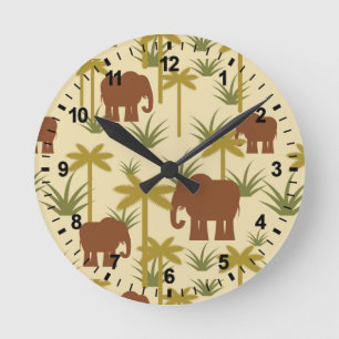 Elephants And Palms In Camouflage Runde Wanduhr