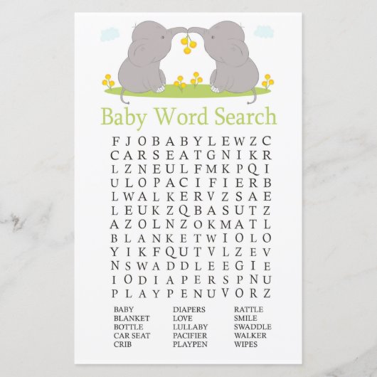 Elephants Baby Shower Word Search Game (Vorderseite)
