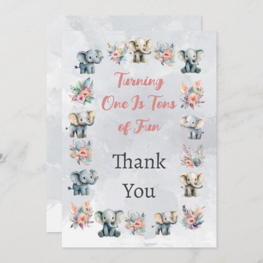 Elephants Boho Jungle Blume Grau Danke Karte (Vorne/Hinten)