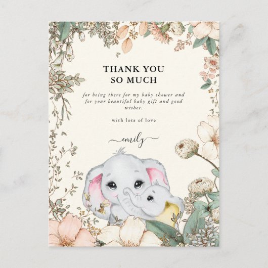 Elephants Foliage Cream Baby Dusche Vielen Dank Postkarte (Vorderseite)