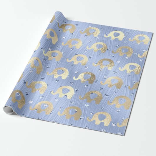 Elephants Metalli Hearts Gold Blue Celestial Geschenkpapier (Ungerollt)