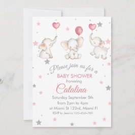 Elephants with Baloons Girl Baby Shower Invitation Einladung
