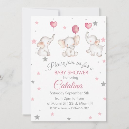 Elephants with Baloons Girl Baby Shower Invitation Einladung (Vorderseite)