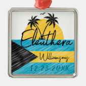 Eleuthera Bahamas Flag Palm Tree Sunset Souvenirs Ornament Aus Metall (Vorne)