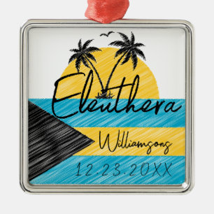 Eleuthera Bahamas Flag Palm Tree Sunset Souvenirs Ornament Aus Metall