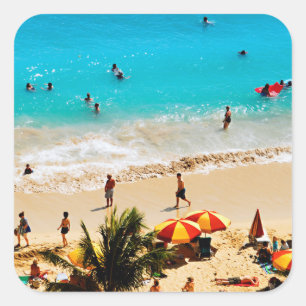 Elevated View Of Waikiki Beach Scene, Honolulu Quadratischer Aufkleber