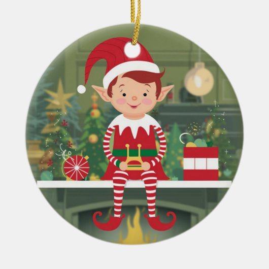 Elf auf dem Schelf Weihnachtsbaum Keramik Ornament (Vorne)