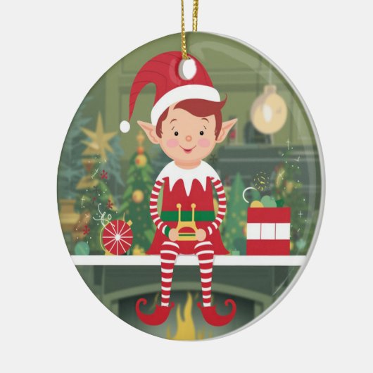 Elf auf dem Schelf Weihnachtsbaum Keramik Ornament (Links)