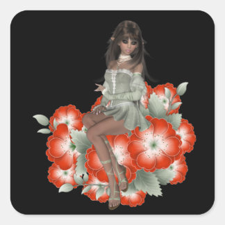 Elf auf roten Blume Design 2 Quadratischer Aufkleber
