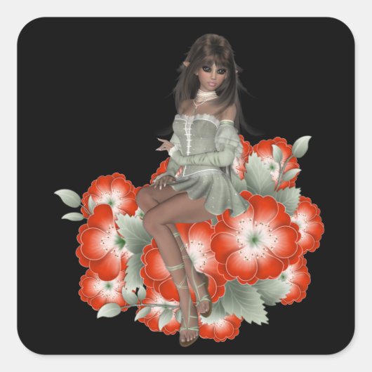 Elf auf roten Blume Design 2 Quadratischer Aufkleber (Vorderseite)