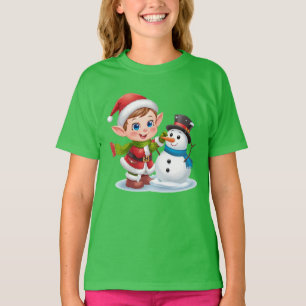 Elf Building Snowman – Fun Kids Christmas Tee