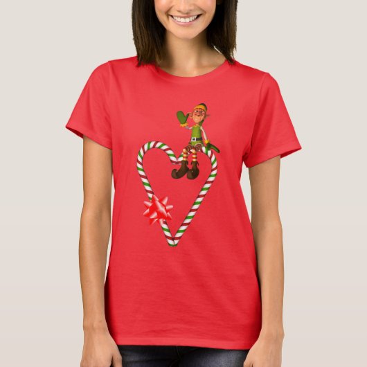 Elf Candy Cane Herz Niedlicher Weihnachtsfeiertag T-Shirt (Vorderseite)