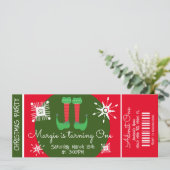 Elf Christmas First Birthday Ticket Party Einladung (Stehend Vorderseite)