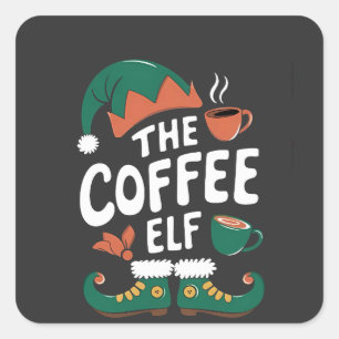 Elf Coffee Funny Christmas Elf Coffeine Lover Quadratischer Aufkleber