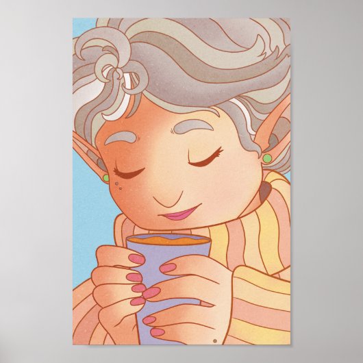 Elf, der eine Tasse Kaffee genießt Poster (Vorne)