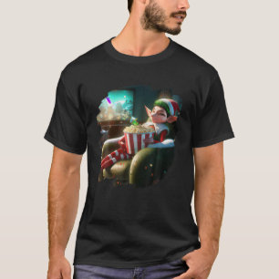 Elf Eating Popcorn Watching Movie Elves Funny Chri T-Shirt