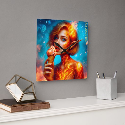 Elf Eis Thema schöne blaue Feuerwaffe Waffel Quadratische Wanduhr (Büro)