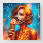 Elf Eis Thema schöne blaue Feuerwaffe Waffel Quadratische Wanduhr (Vorderseite)