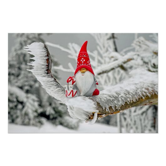 Elf in Ice Storm mit Present und Red Hat Poster (Vorderseite)