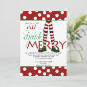 Elf isst Drink und sei frohe Weihnachten Party Einladung (Stehend Vorderseite)