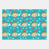 Elf-Junge-Mädchen steht auf blau mit Schneemuster Geschenkpapier Set (Vorderseite 3)