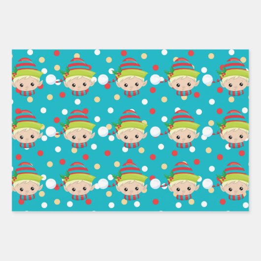 Elf-Junge-Mädchen steht auf blau mit Schneemuster Geschenkpapier Set (Vorderseite 3)