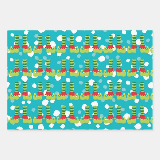 Elf-Junge-Mädchen steht auf blau mit Schneemuster Geschenkpapier Set (Vorderseite 2)