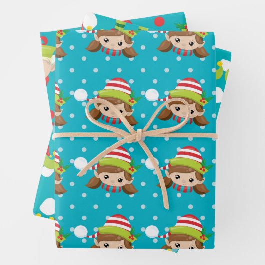 Elf-Junge-Mädchen steht auf blau mit Schneemuster Geschenkpapier Set (Beispiel)