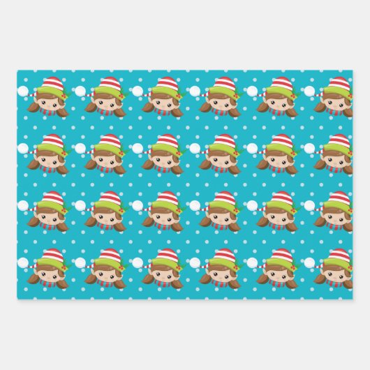 Elf-Junge-Mädchen steht auf blau mit Schneemuster Geschenkpapier Set (Vorderseite)