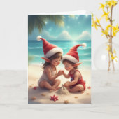 Elf Kids on Beach - Weihnachts Sandcastle Card Karte (Gelbe Blume)