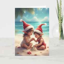 Elf Kids on Beach - Weihnachts Sandcastle Card Karte