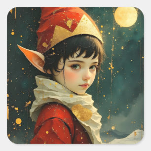 Elf Kind in Vintage-Weihnachtsoutfit  Quadratischer Aufkleber