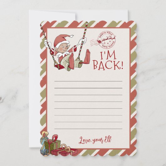 Elf Letter "I m Back" Editable Notecard Einladung (Vorderseite)