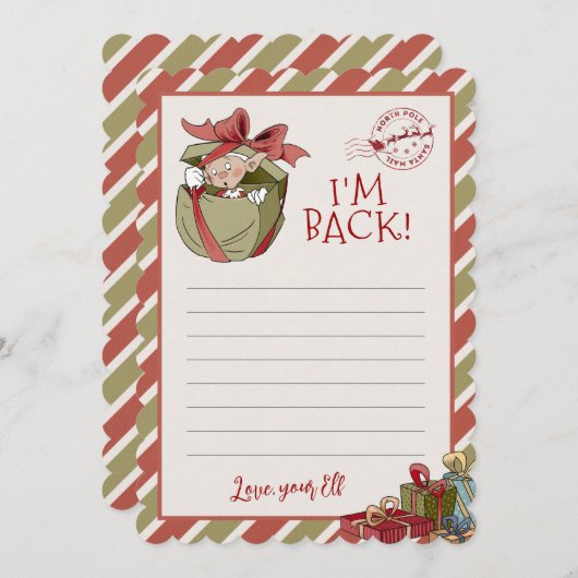 Elf Letter "I m Back" Editable Notecards Einladung (Vorne/Hinten)