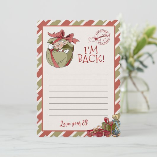 Elf Letter "I m Back" Editable Notecards Einladung (Stehend Vorderseite)