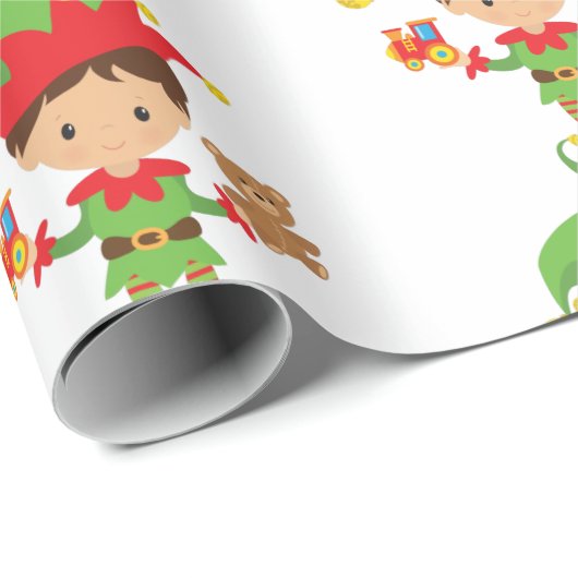 Elf mit Geschenken und weißem Hintergrund Geschenkpapier (Rolleneckpunkt)