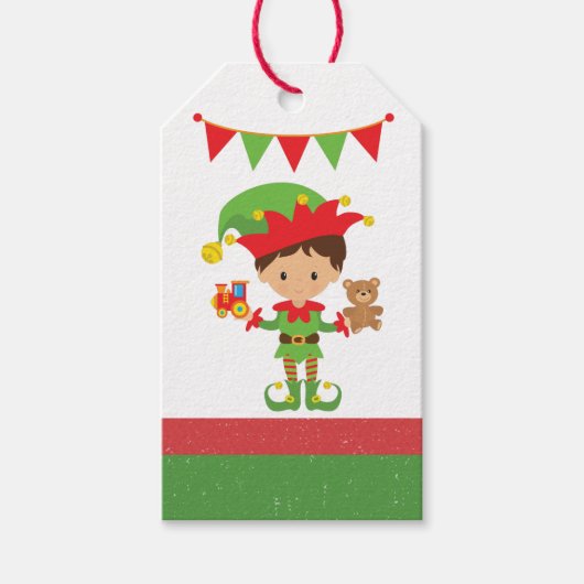 Elf mit Geschenken und weißem Hintergrund Wrapping Geschenkanhänger (Vorderseite)