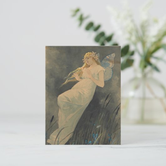 Elf mit Iris-Blume von Alphonse Mucha Postkarte (Stehend Vorderseite)