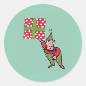 Elf mit Polka Dot Geschenk rund Aufkleber (Vorderseite)