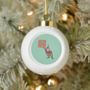 Elf mit Polka Dot Geschenk Weihnachtsball Keramik Kugel-Ornament