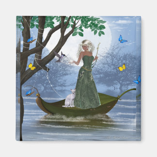 Elf mit White Cat Riding auf einem Leaf Magnet